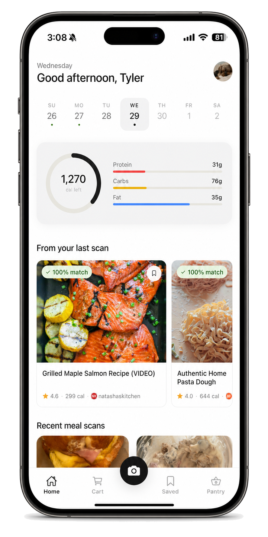 Chefcam.ai app showing daily calorie summary and recent meal scans