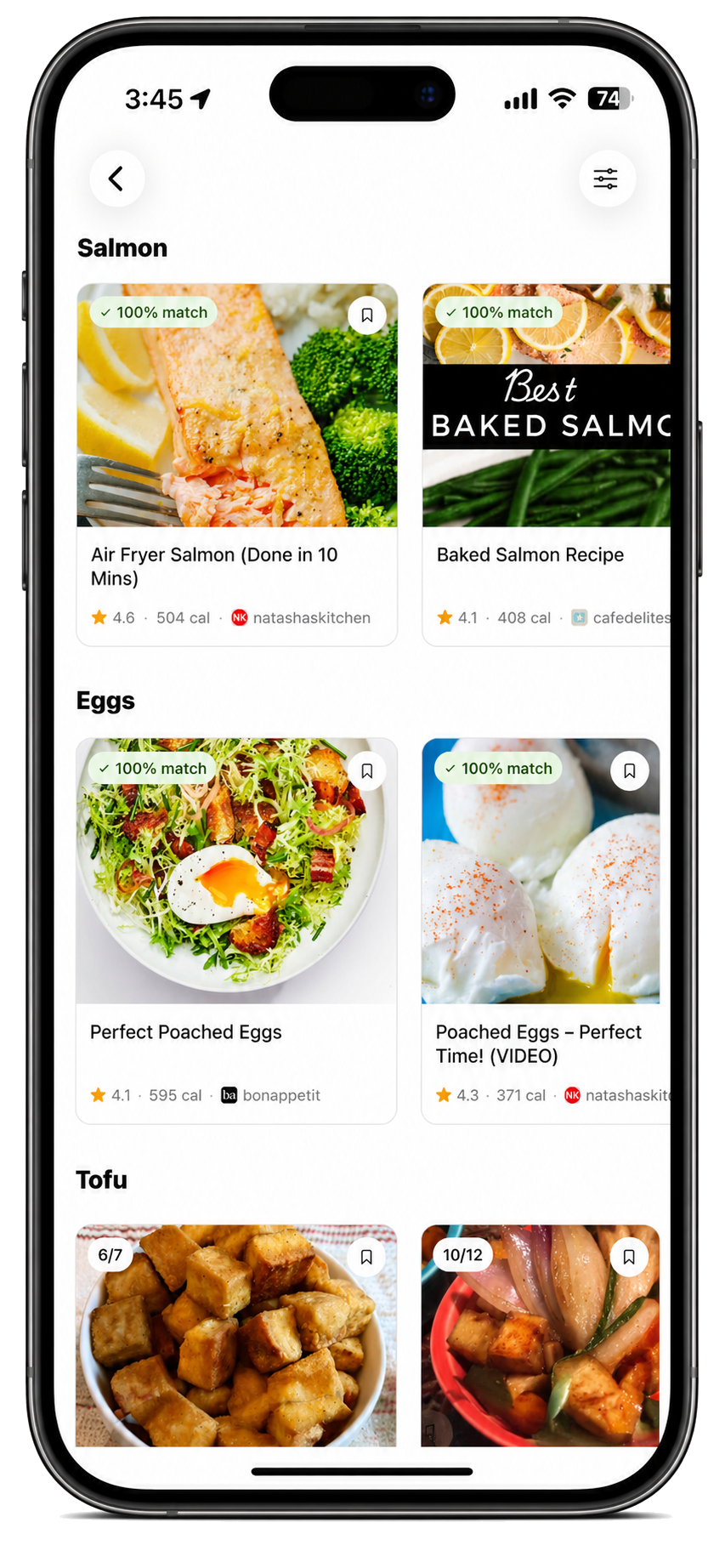 Chefcam recipe results categorized by ingredient