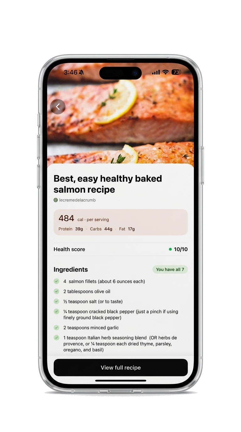 Full Chefcam recipe page with ingredients and health score